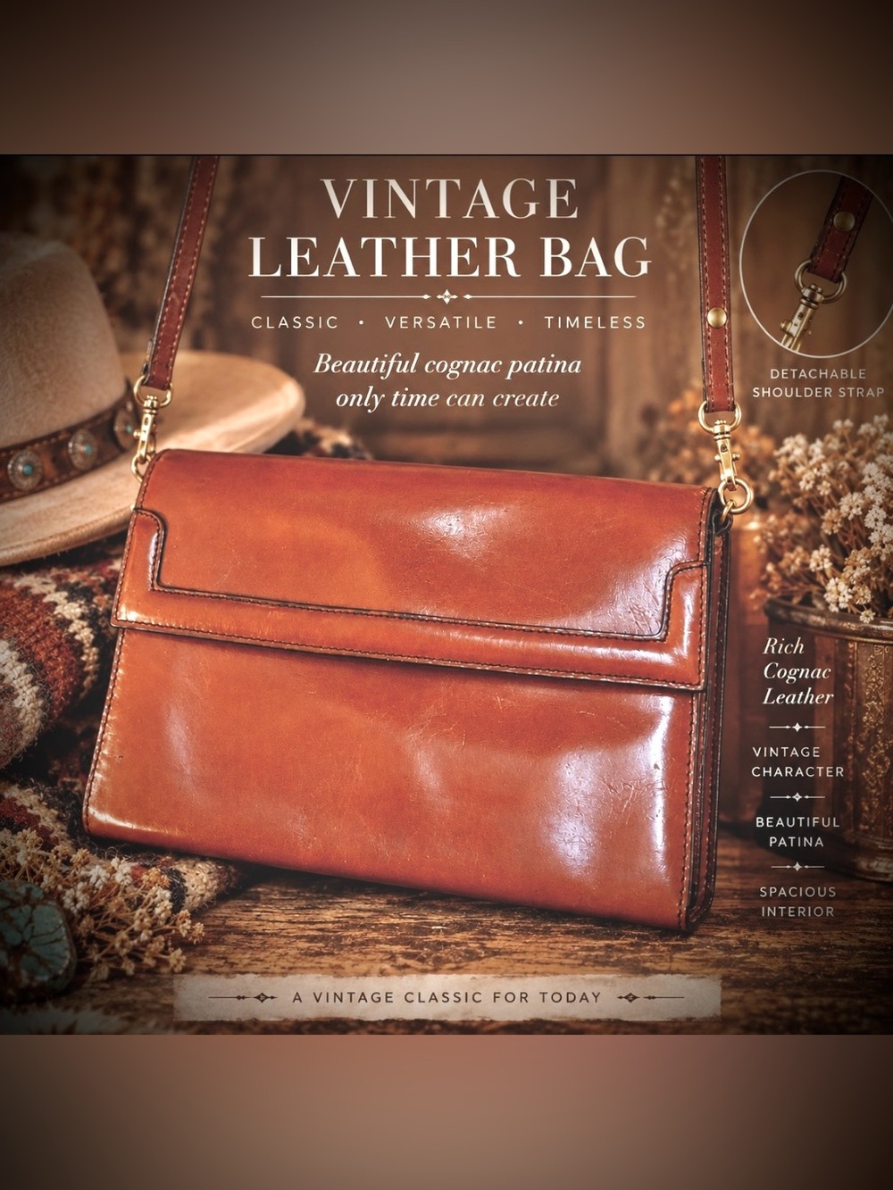 Vintage 70s- Cognac Leather Crossbody Bag - Unbranded